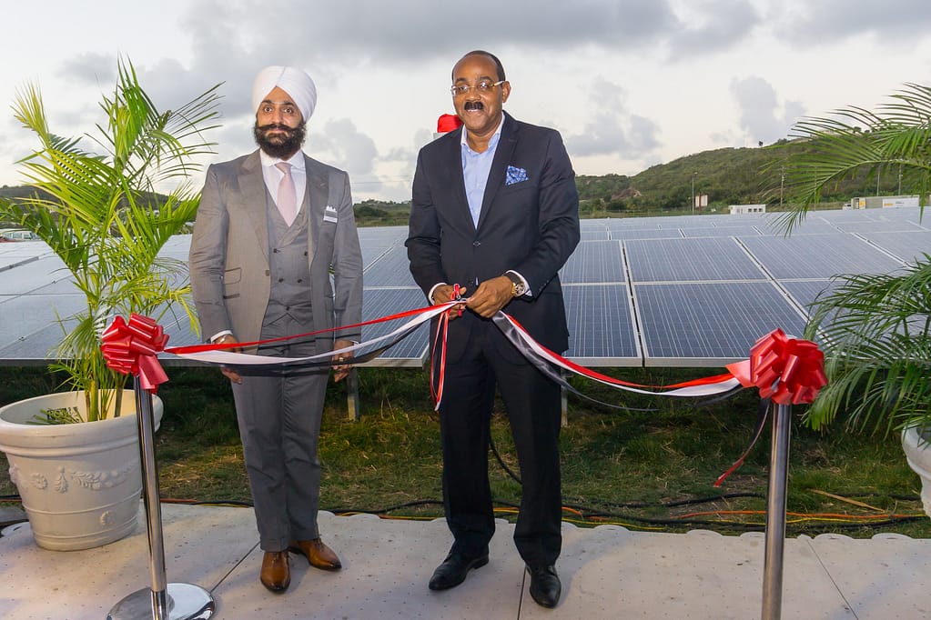 PV Energy-sun2live-solarplant- Prime Minister Honourable Gaston Browne during the cutting of the ribbon